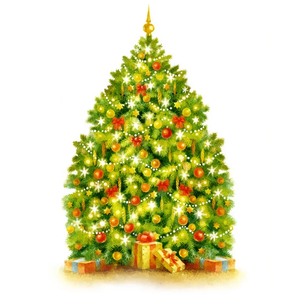 Weihnachtsbaum Mit Dekoration Handbemalte Aquarell Illustration Für Grußkarte Einladung Decoupage — Stockfoto