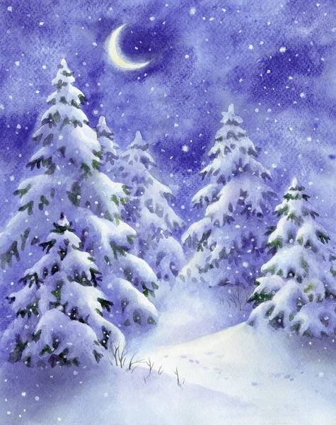 Acuarela Bosque Nocturno Invierno Fondo Pintura Mano Ilustración Navidad Año — Foto de Stock