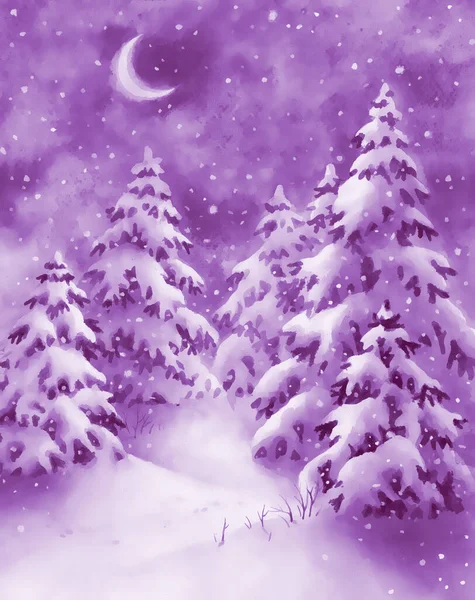 Acuarela Bosque Nocturno Invierno Fondo Pintura Mano Ilustración Navidad Año — Foto de Stock