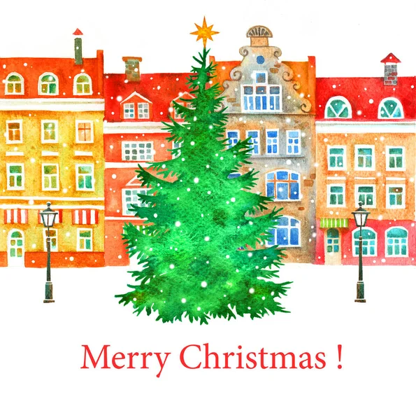 Weihnachten Handbemalung Aquarell Illustration Mit Weihnachtsstadt Weihnachtsbaum Und Schnee Hintergrund — Stockfoto