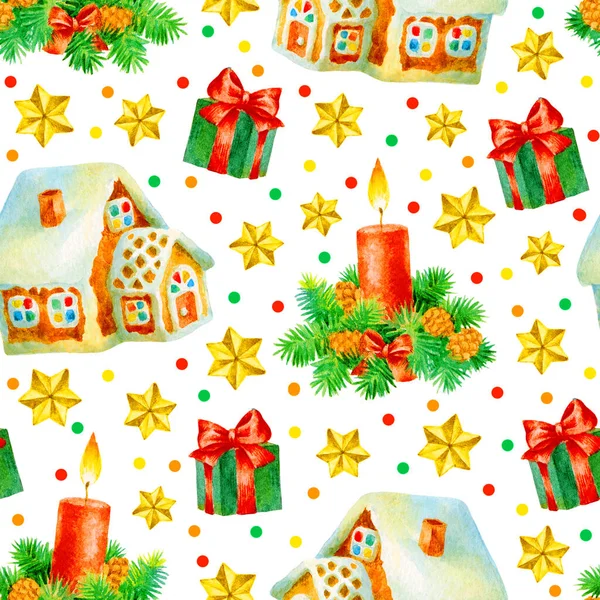 Patrón Sin Costuras Vacaciones Navidad Con Pintura Mano Acuarela Decoraciones — Foto de Stock