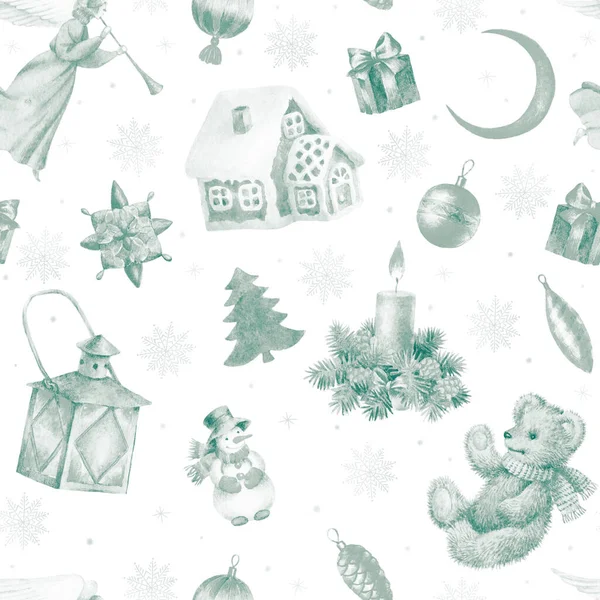 Handfärg Akvarell Sömlös Mönster Med Jul Dekorationer — Stockfoto