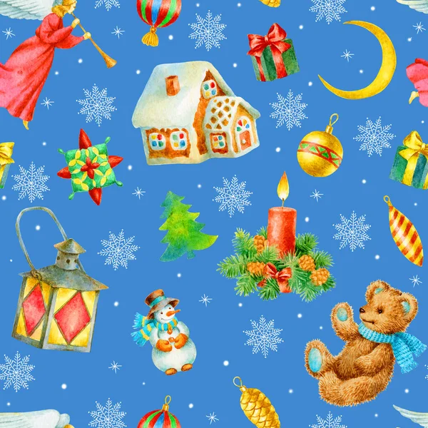 Handfärg Akvarell Sömlös Mönster Med Jul Dekorationer — Stockfoto