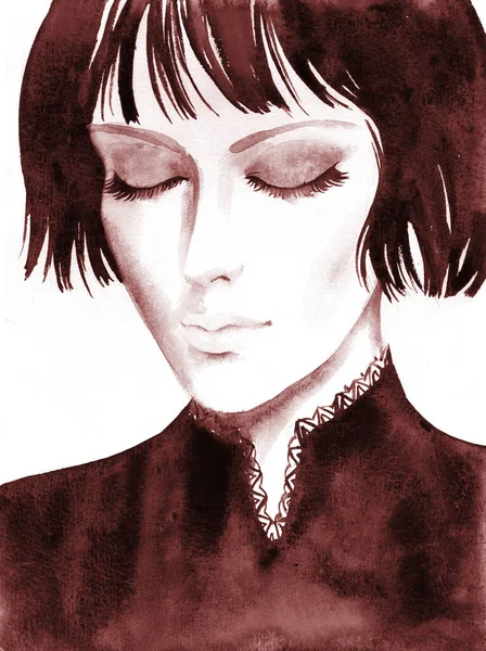 Beautiful young women with short bob haircut hair, hand paint watercolor portrait  illustration.