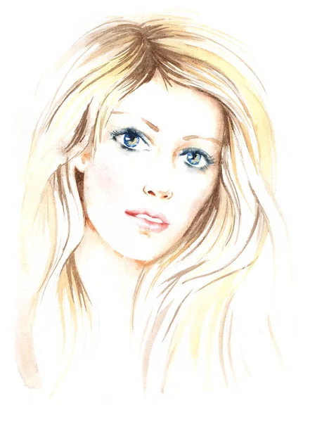 Piękne Młode Kobiety Długimi Blond Włosami Ręcznie Farba Akwarela Ilustracja — Zdjęcie stockowe