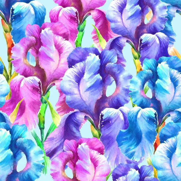 Akvarell Kézfesték Írisz Virág Zökkenőmentes Minta Textil Tapéta Háttér — Stock Fotó