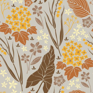 Çiçeksiz el çizimi vektör deseni, çiçekli, otlu ve yapraklı soyut doğa arkaplanı.