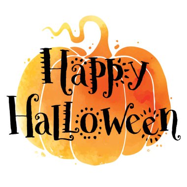 Mutlu Cadılar Bayramı, suluboya balkabağı arkaplanı üzerine el yazısı vektör harfleri, Cadılar Bayramı tebrik kartı, davetiye, afiş.