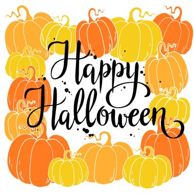 Mutlu Cadılar Bayramı, el yazması vektör harfleri. El yapımı balkabağı çerçevesi, sonbahar arkaplanı, Cadılar Bayramı tebrik kartı, davetiye, pankart.