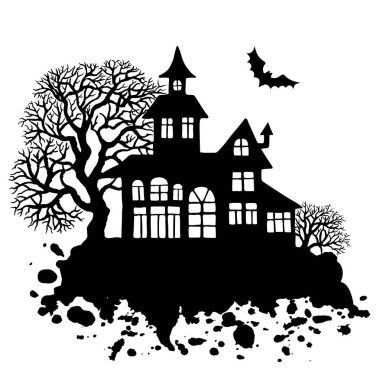 Ev ve ağaçlarla dolu Cadılar Bayramı tebrik kartın kutlu olsun. Tasarım geçmişi. Vektör illüstrasyonu.