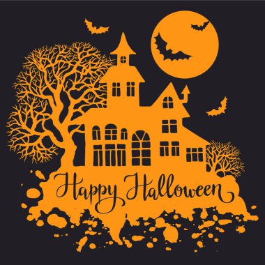 Mutlu Cadılar Bayramı tebrik kartları, tasarım, davetiye, afiş ve baskı için vektör illüstrasyonları. Cadılar Bayramı evinin silueti, dolunay, ağaçlar ve yarasalar.