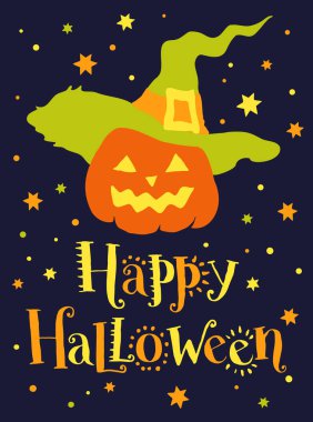 Şapkada Cadılar Bayramı kabağı, tasarım için vektör illüstrasyonu: tebrik kartı, poz veren, davet.