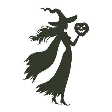 Cadılar Bayramı cadısının silueti, beyaz arka planda izole edilmiş, vektör illüstrasyonu.