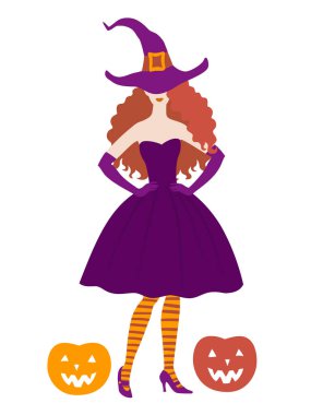 Cadılar Bayramı cadısı kostümü, Cadılar Bayramı partisi için vektör illüstrasyonu, davetiye, tebrik kartı..