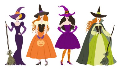 Farklı vintage cadılar bayramı cadı kostümleri düz stil, renk vektör illüstrasyonu.