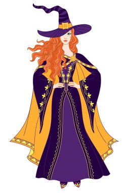 Güzel cadılar bayramı cadısı Kelt tarzında eski bir elbise içinde poz veriyor, beyaz arkaplanda izole edilmiş renkli vektör çizimi