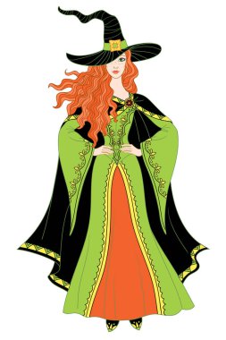 Güzel cadılar bayramı cadısı Kelt tarzında eski bir elbise giymiş, beyaz arkaplanda izole edilmiş renkli vektör çizimi