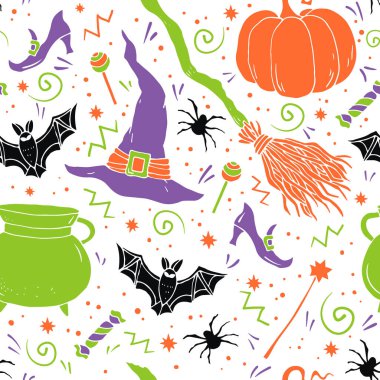 Cadılar Bayramı vektörünün kusursuz deseni, el çizimi Cadılar Bayramı sembolleri ve elementleri: balkabağı, cadı şapkası, tatlı, süpürge, yarasa, örümcek ve diğer.