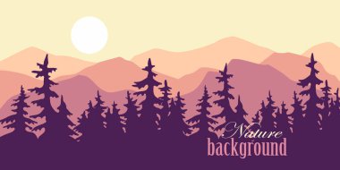 Doğa vektör arkaplanı, dağlı ve çam ormanlı manzara. Dağların manzarası, ağaçlarla kaplı vadi..