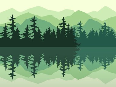 Doğa vektör arkaplan, dağlar, göl ve çam ormanı olan manzara. Dağlardan, nehirden, ağaçlardan oluşan bir manzara..