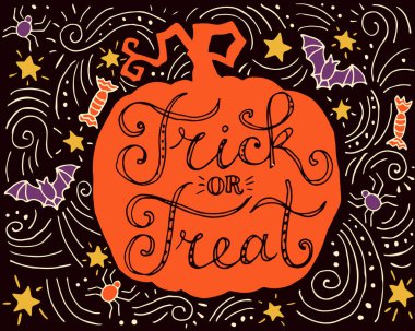 Şaka mı şeker mi, el yazması harfler ve dekoratif arkaplan, Cadılar Bayramı posteri, tebrik kartı, davetiye, afiş, tasarım ögesi.