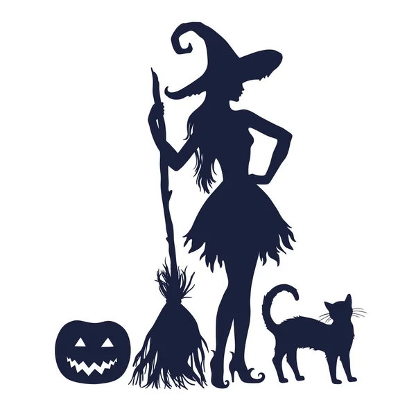 Silhouette Der Halloween Hexe Mit Besen Und Katze Vektorillustration Isoliert — Stockvektor