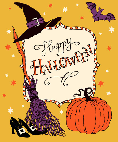 Happy Halloween, hand drawn linen vector illustration for design: greeting card, poser, invitation.