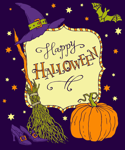 Happy Halloween, hand drawn linen vector illustration for design: greeting card, poser, invitation.