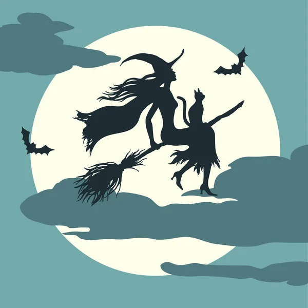 Flying Witch Silhouette Broom Cat Bats Background Full Moon Halloween — Stock Vector