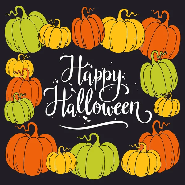 Feliz Halloween Letra Vectorial Escrita Mano Marco Con Calabaza Dibujada — Vector de stock