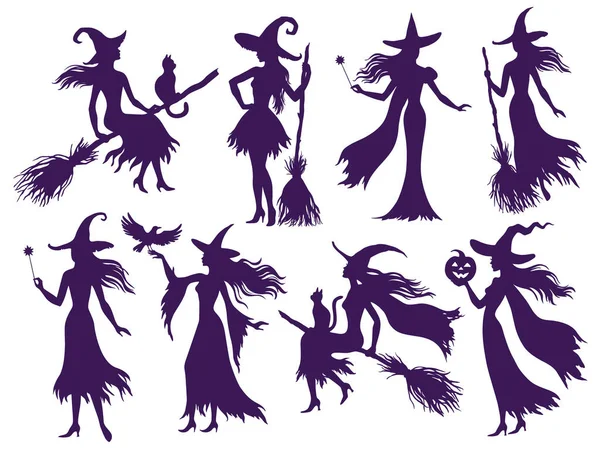 Beyaz Arka Planda Klasik Cadılar Bayramı Cadılarının Vektör Silueti — Stok Vektör