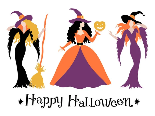 Conjunto Diferentes Halloween Bruxa Coustume Cor Vetor Ilustração — Vetor de Stock