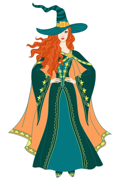 Schöne Halloween Hexe Posiert Vintage Kleid Keltischen Stil Bunte Vektorillustration — Stockvektor