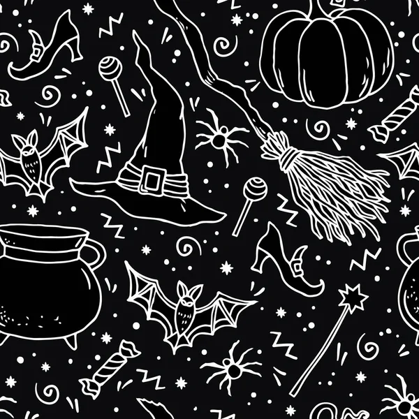 Вектор Хэллоуина Бесшовный Нарисованными Вручную Символами Элементами Хэллоуина Тыква Колпак — стоковый вектор