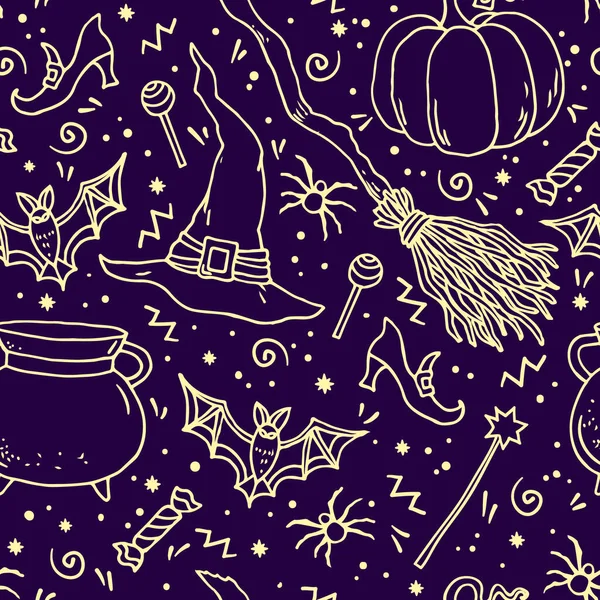 Halloween Vektor Nahtloses Muster Mit Handgezeichneten Halloween Symbolen Und Elementen — Stockvektor