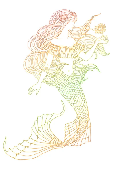 白地に花を持つ手描き人魚 リネンベクトルイラスト — ストックベクタ