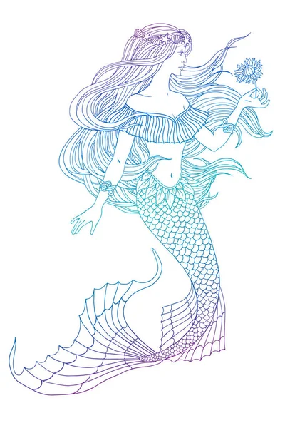 Sirène Dessinée Main Tenant Une Fleur Sur Fond Blanc Illustration — Image vectorielle