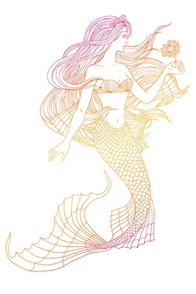 Sirena Disegnata Mano Che Tiene Fiore Sfondo Bianco Illustrazione Vettoriale — Vettoriale Stock