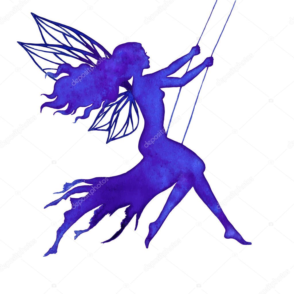 Fairy on swing, vector silhouette illustration for design, logo, sticker, decoration.