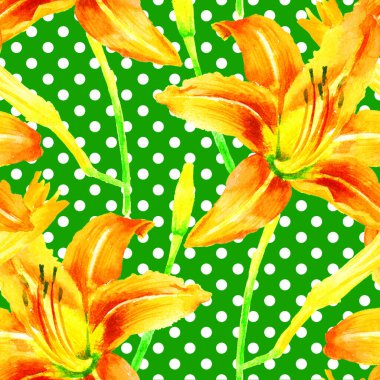 Suluboya el boyası turuncu zambak, tekstil için kusursuz desen, ambalaj kağıdı, yapıştırma kitabı, duvar kağıdı.