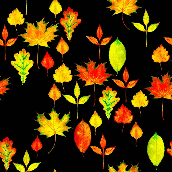 Бесшовный Узор Раскрашенными Вручную Акварельными Красными Желтыми Осенними Листьями Дуб — стоковое фото