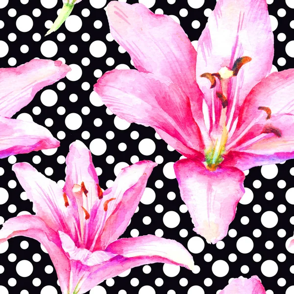 水彩手描きピンクユリ スクラップブッキング紙 壁紙のためのシームレスなパターン — ストック写真