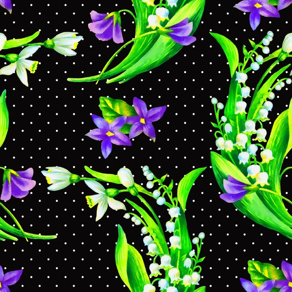 Весенние Цветы Подснежник Май Лилли Альт Бесшовный Узор Акварель Текстиля — стоковое фото