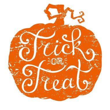 Şeker mi şaka mı, balkabağına el yazısıyla yazılmış harfler. Cadılar Bayramı için eski püskü arka plan, el çizimi vektör illüstrasyonu.