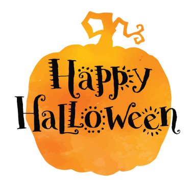 Şeker mi şaka mı, suluboya balkabağının siluetine elle çizilmiş harfler. Cadılar Bayramı için arka plan, elle çizilmiş vektör çizimi.