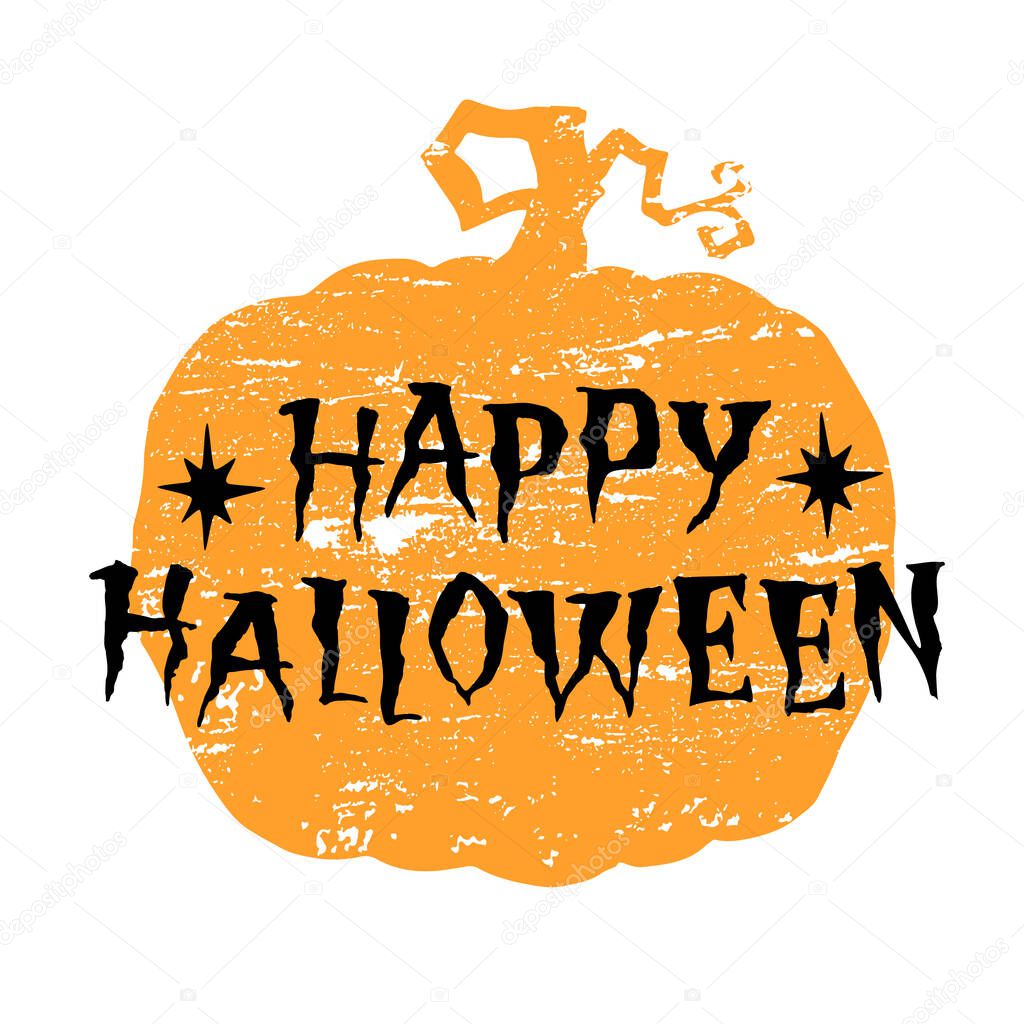  Happy Halloween, hand drawn lettering on silhuette of pumpkin. Text banner or background for Happy Halloween, hand drawn vector illustration.