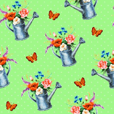 Suluboya el boyası, sulama tenekesinde buket ve kelebek desenli, tekstil, duvar kağıdı, ambalaj kağıdı şablonu..