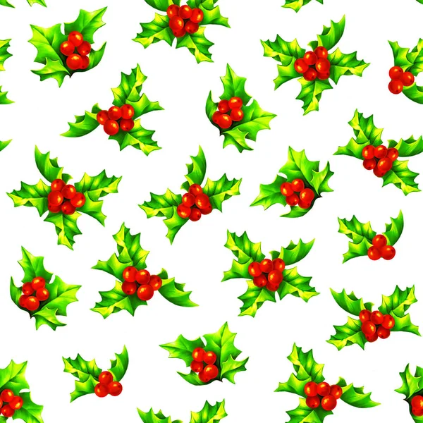 Holly Berry Seamles Pattern Christmas Holiday Background Template Textile Wallpaper — Stock Photo, Image