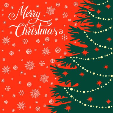 Süslemeli Noel ağacı silueti, vektör çizimi, tasarım şablonu, tebrik kartı, davetiye.