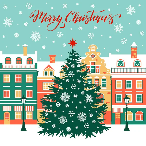 Christmas Vector Illustration Town Christmas Tree Snow Template Greeting Card — Stock Vector